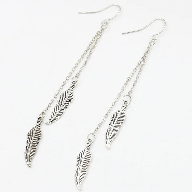 Boucles d'Oreilles Plume Ethnique - Alliage Doré Argenté 8,5cm