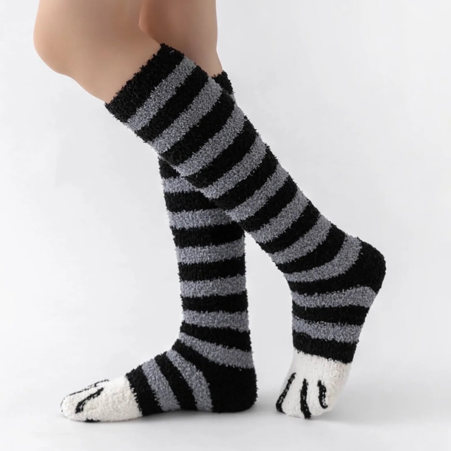 Chaussettes pattes de chat femme coton épais - Motif rayé félin doux et chaud - Luminori