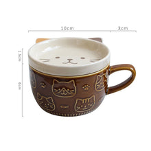 Charger l'image dans la galerie, Tasse chat 300ml marron avec couvercle - Design mignon relief céramique porcelaine - Luminori