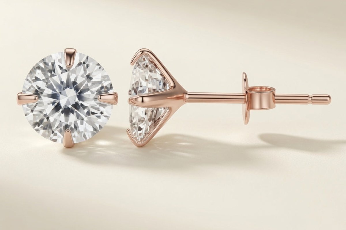 Puces Point du Jour finition dorée rose, une pierre de zirconium cubique sertie de griffes, sur fond crème lumineux