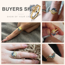 Charger l&#39;image dans la galerie, Bague luxueuse assortie pour couple, ornée de motifs de lune et de soleil bleus, bijoux agréables en argent et or, symbole d&#39;amour et de complicité
