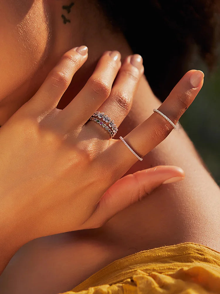 BAMOER 925 Sterling Silver Flower Rings Pink Wreath Finger Ring Stacking for Women Birthday Gift Sweet Romatic Fine Jewelry
