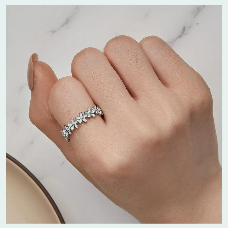 BAMOER 925 Sterling Silver Flower Rings Pink Wreath Finger Ring Stacking for Women Birthday Gift Sweet Romatic Fine Jewelry