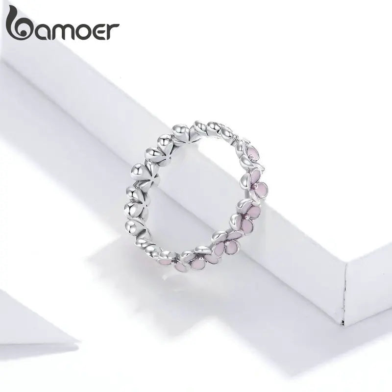 BAMOER 925 Sterling Silver Flower Rings Pink Wreath Finger Ring Stacking for Women Birthday Gift Sweet Romatic Fine Jewelry