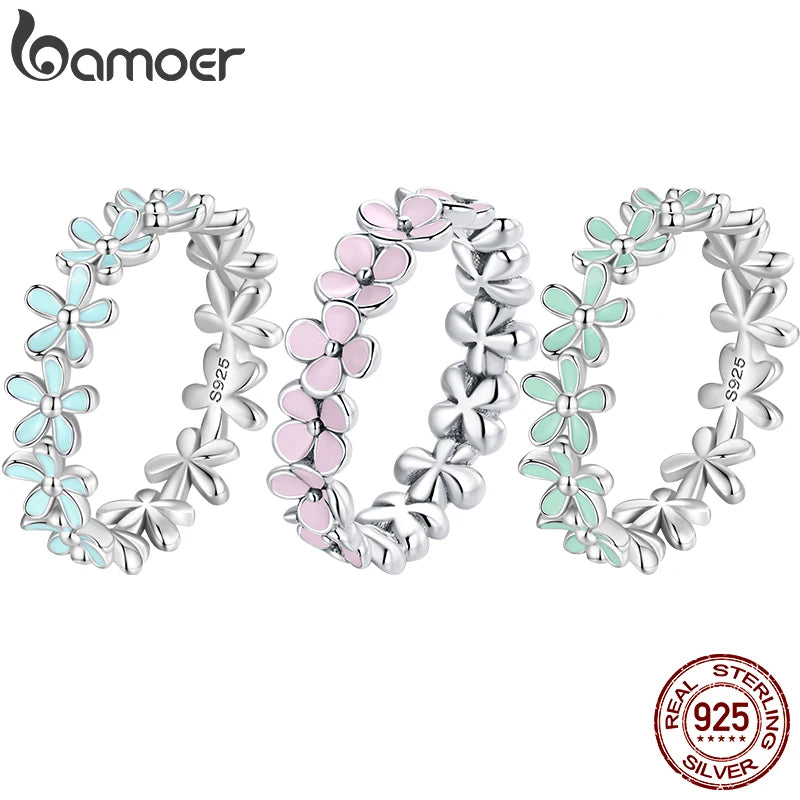 BAMOER 925 Sterling Silver Flower Rings Pink Wreath Finger Ring Stacking for Women Birthday Gift Sweet Romatic Fine Jewelry