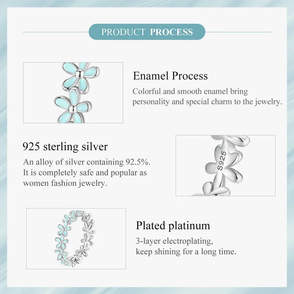 BAMOER 925 Sterling Silver Flower Rings Pink Wreath Finger Ring Stacking for Women Birthday Gift Sweet Romatic Fine Jewelry
