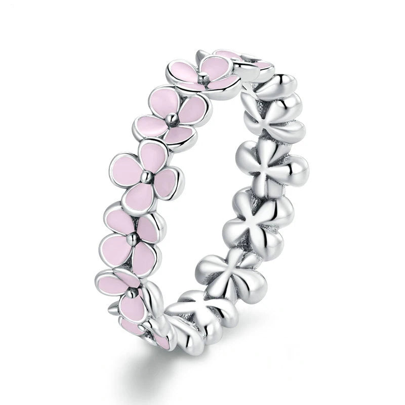 BAMOER 925 Sterling Silver Flower Rings Pink Wreath Finger Ring Stacking for Women Birthday Gift Sweet Romatic Fine Jewelry