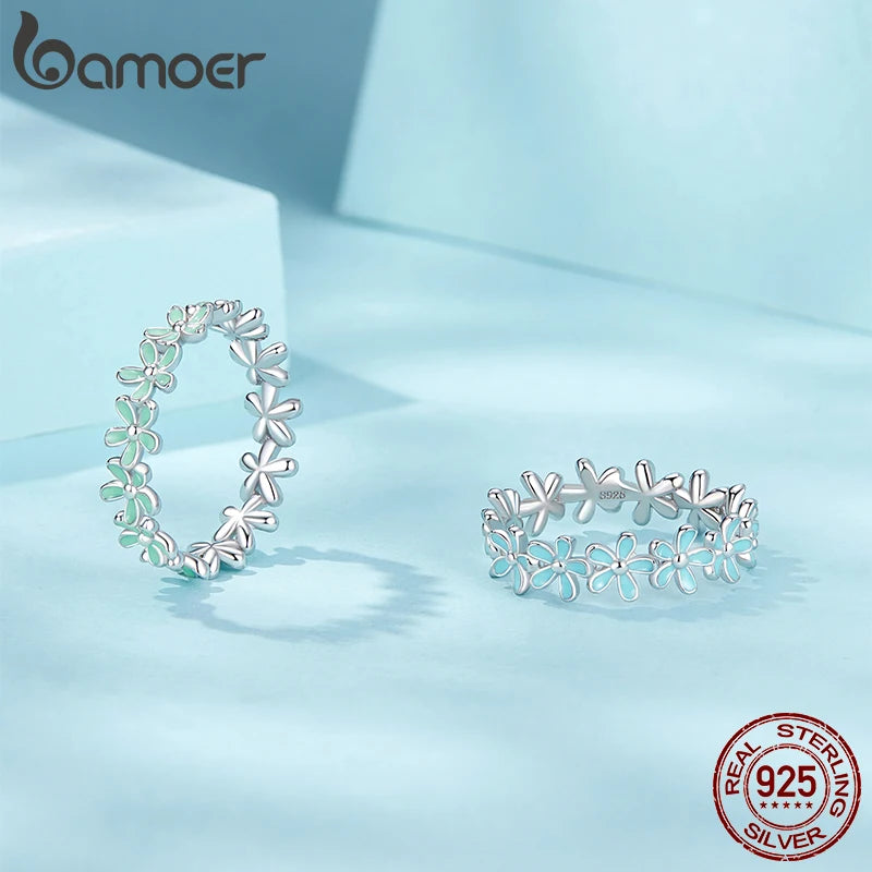 BAMOER 925 Sterling Silver Flower Rings Pink Wreath Finger Ring Stacking for Women Birthday Gift Sweet Romatic Fine Jewelry