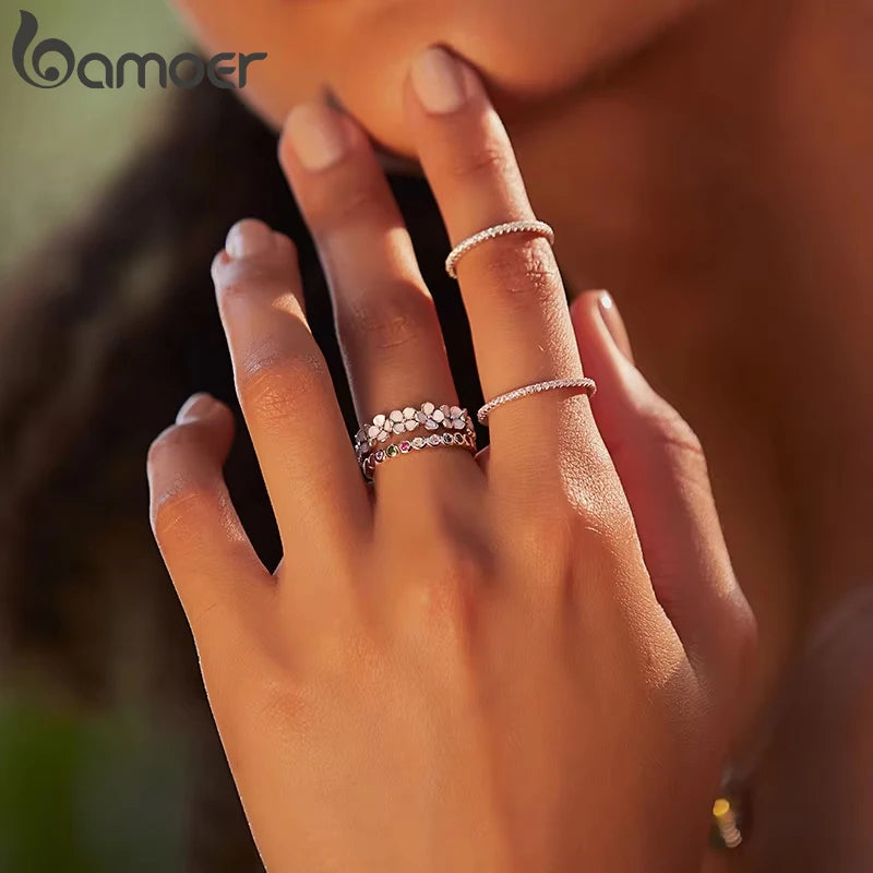 BAMOER 925 Sterling Silver Flower Rings Pink Wreath Finger Ring Stacking for Women Birthday Gift Sweet Romatic Fine Jewelry