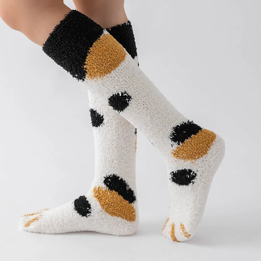 Chaussettes pattes de chat femme coton épais - Motif rayé mignon sur fond blanc - Luminori
