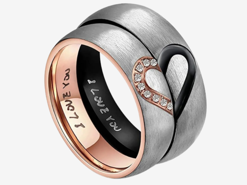Bague assortie couple acier inoxydable - Détails plaqué or rose zirconium MAGIC ZONE - Luminori