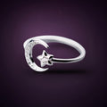 Bague Berceau de Lune argent 925, croissant de lune pavé et étoile, fond aubergine