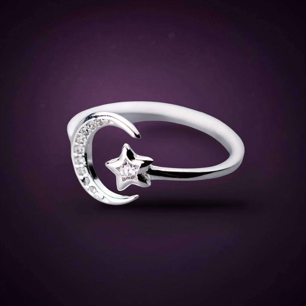 Bague Berceau de Lune argent 925, croissant de lune pavé et étoile, fond aubergine