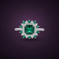 Bague Fleur de Mousse argent 925, zirconium cubique vert carré, halo clair et corolle verte, sur fond aubergine