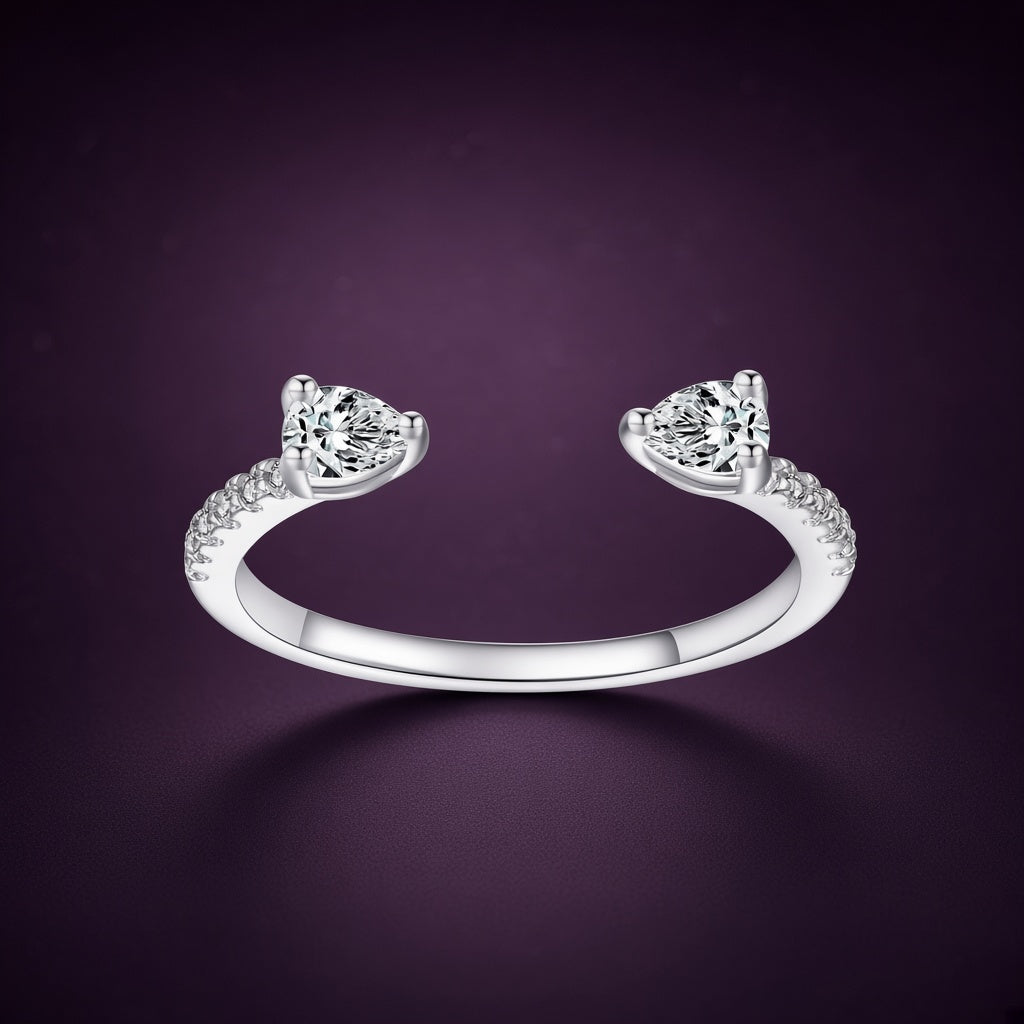 Bague Goutte de Rosée argent 925, deux zirconiums cubiques poire, vue de face