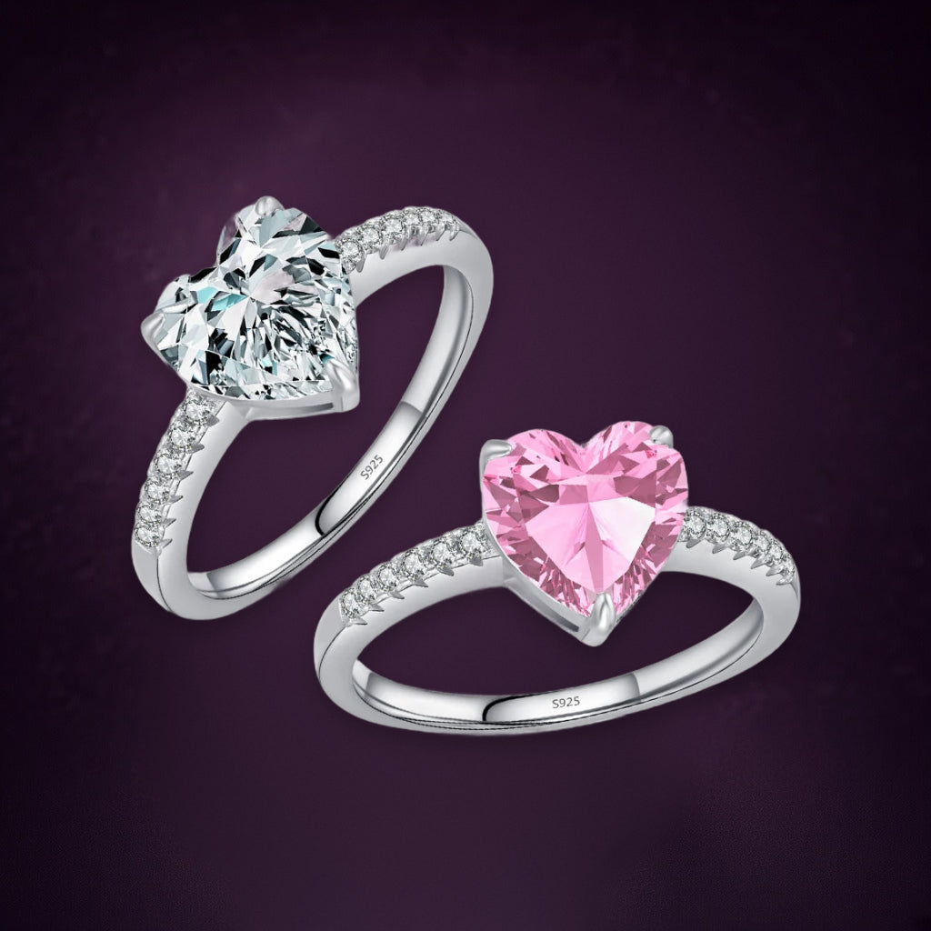 Bague Magnolia, les deux couleurs : grand cœur incolore et grand cœur rose sur anneau serti