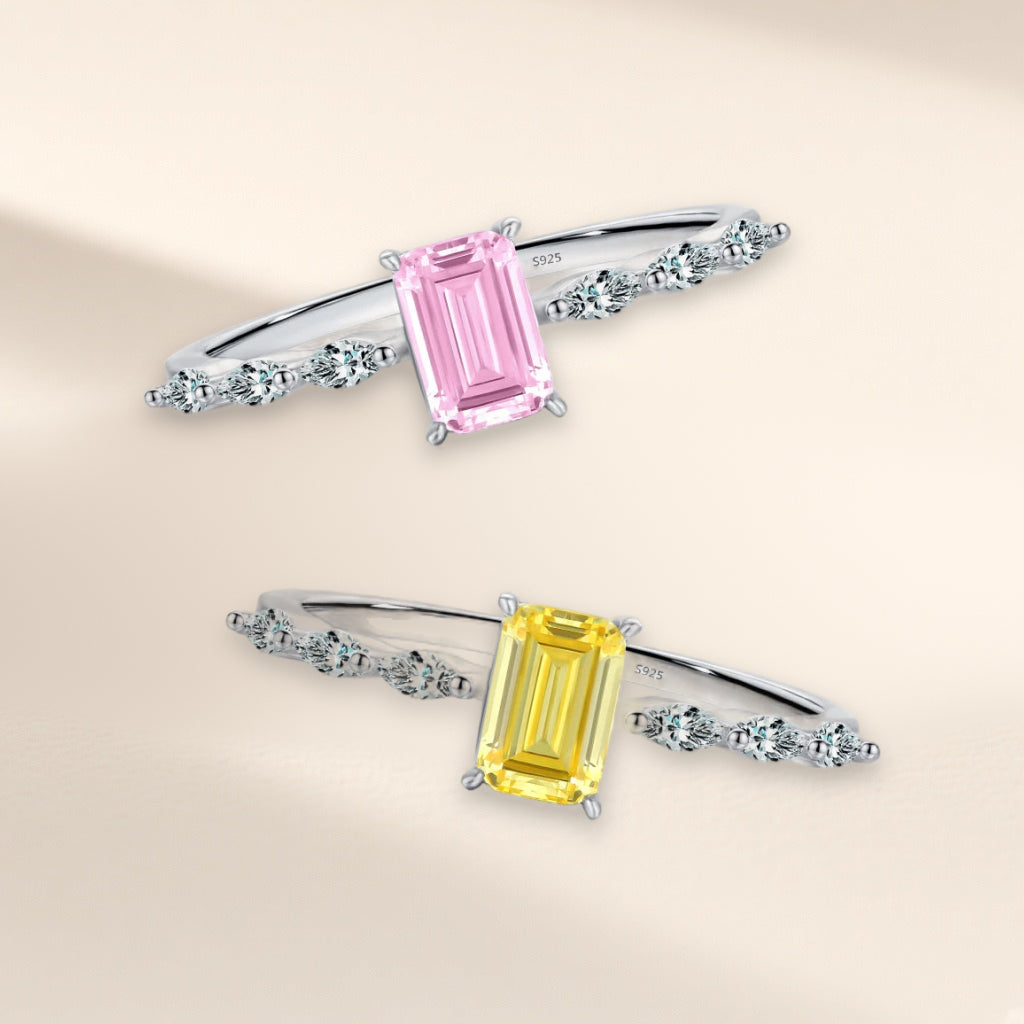 Bague Aquarelle, les deux couleurs : pierre rectangulaire rose et pierre jaune entre de petites pierres navette