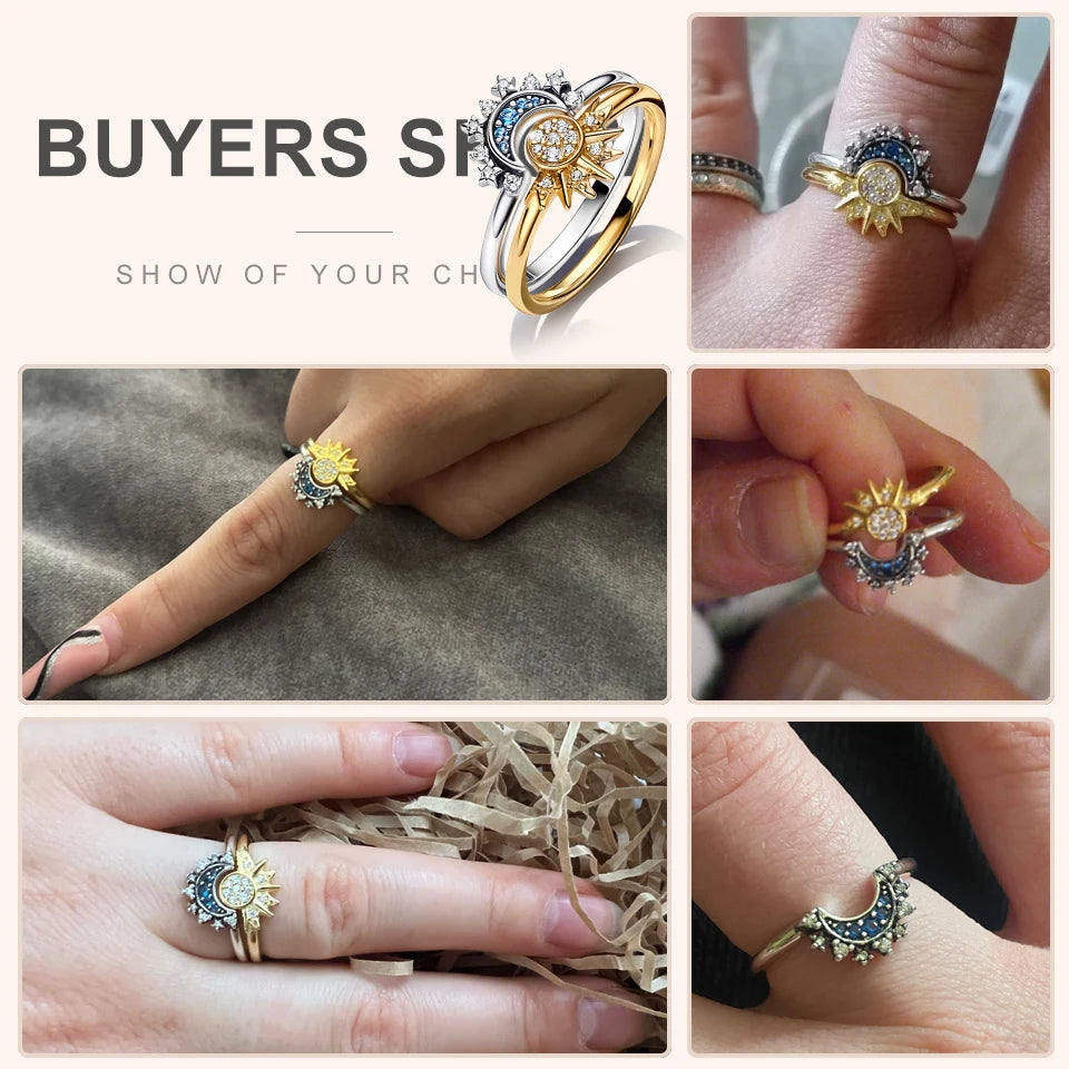 Bague Soleil et Lune Argent 925 | Duo Symbolique Zirconium Luminori