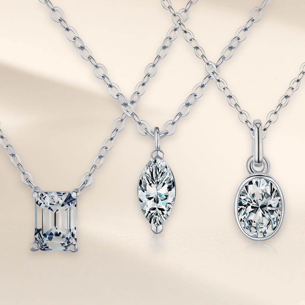 Collier Astre Suspendu, trois formes côte à côte : rectangle, navette et ovale en serti clos