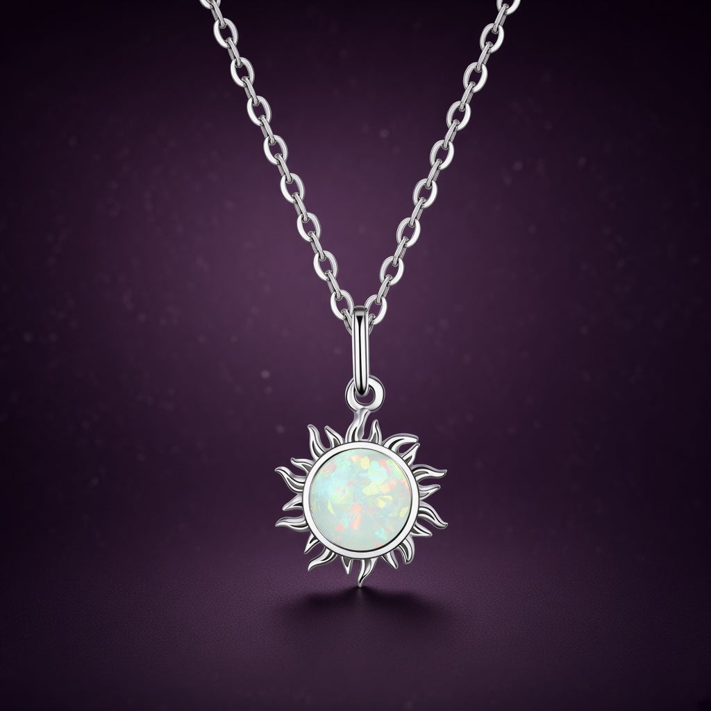 Collier Plein Soleil argent 925, pendentif soleil en opale d'imitation et chaîne, fond aubergine