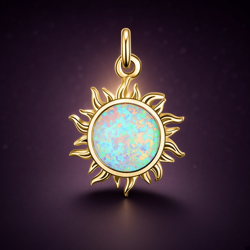 Collier Plein Soleil doré en gros plan : un soleil rayonnant autour d'une pierre ronde irisée