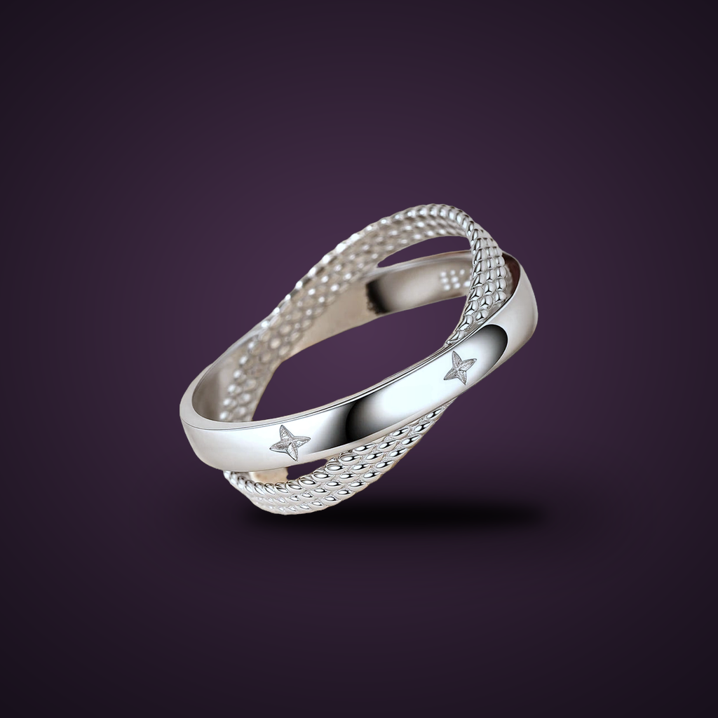 Bague Constellation argent 925, vue inclinée, bandes perlées