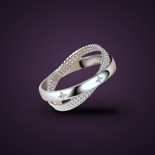 Bague Constellation argent 925, vue inclinée, bandes perlées