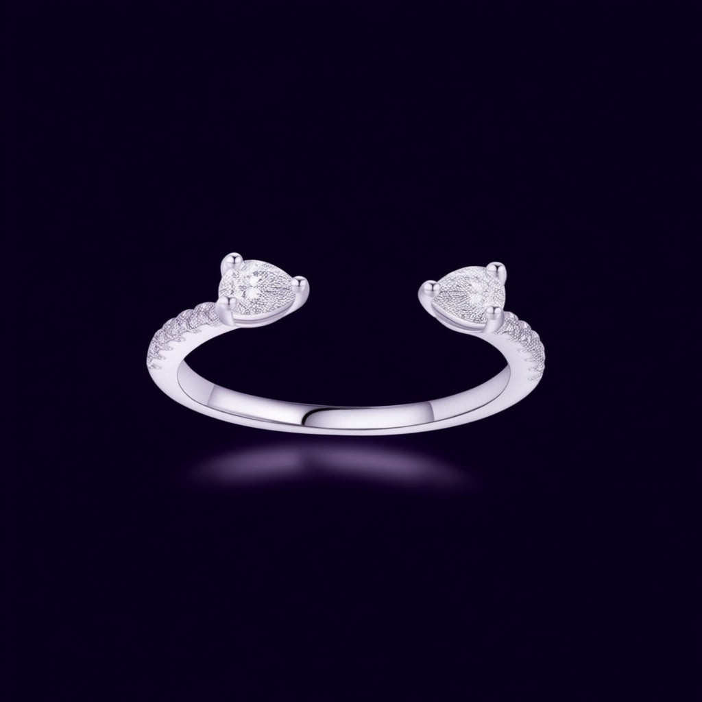 Bague Goutte de Rosée argent 925, deux zircons poire, sur fond aubergine