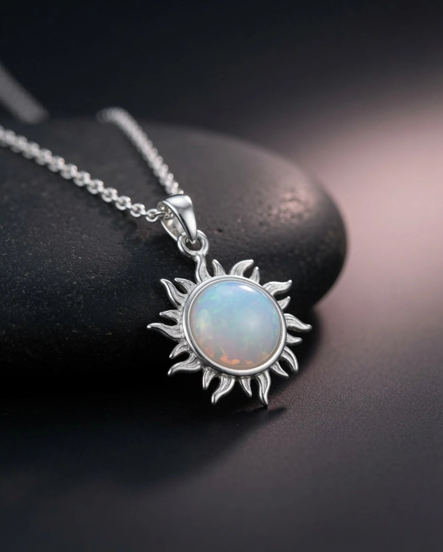 Pendentif soleil argent 925 et opale de synthèse posé sur galet sombre