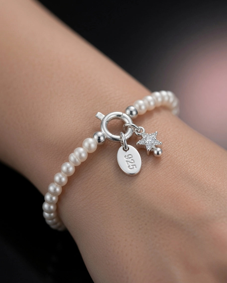 Bracelet « Fil d'Étoiles » en argent 925, perles d'imitation et zirconium