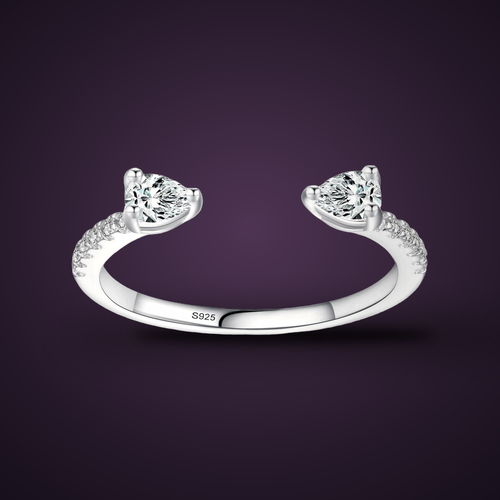 Bague Goutte de Rosée argent 925, deux zircons poire, vue de face