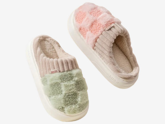 Pantoufle femme confort hiver - Détails fausse fourrure peluche coton carreaux - Luminori