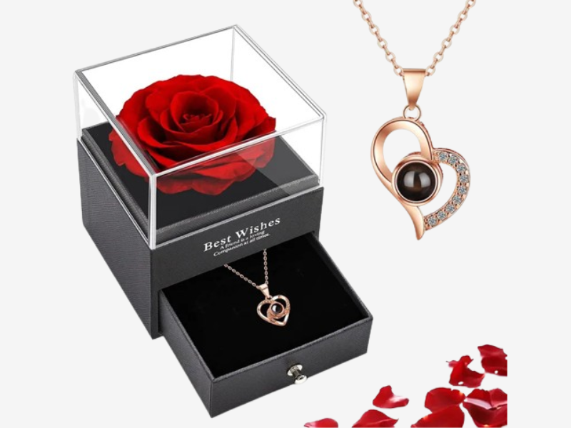 Pendentif cœur 100 langues I love you - Détails cuivre acier titane écrin luxe - Luminori