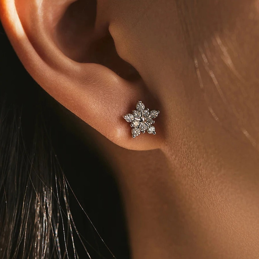 Puces Neige Étoilée portées à l'oreille : la petite étoile scintillante sur le lobe