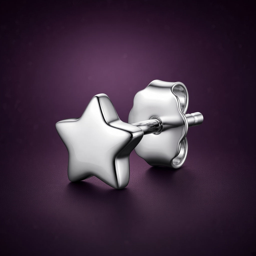 Puces Premier Ciel étoile, argent 925 poli, la paire sur fond aubergine