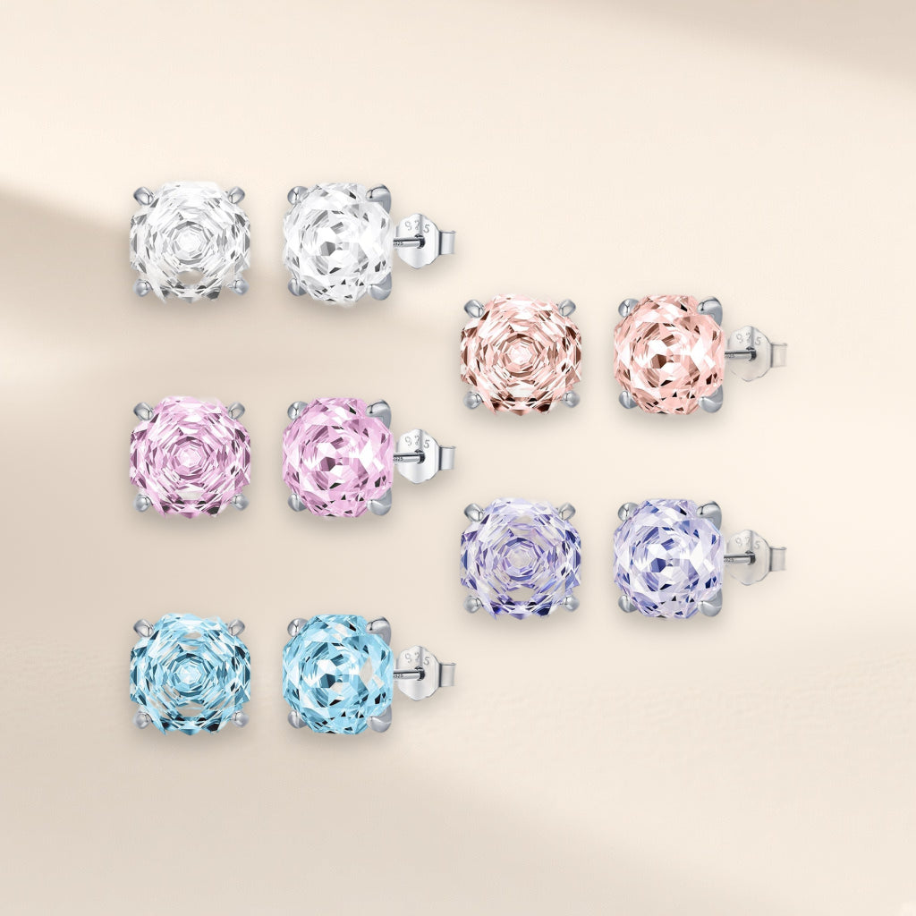Puces Bouton de Rose, les cinq couleurs en deux tailles : incolore, pêche, rose, lavande et bleu ciel